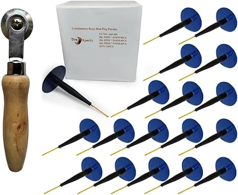 24-Piece Heavy-Duty Brass Tire Plug & Patch Kit – Includes 1/8", 1/4", 3/8" Mushroom Plugs + Patch Roller | Tubeless Tire Repair Kit